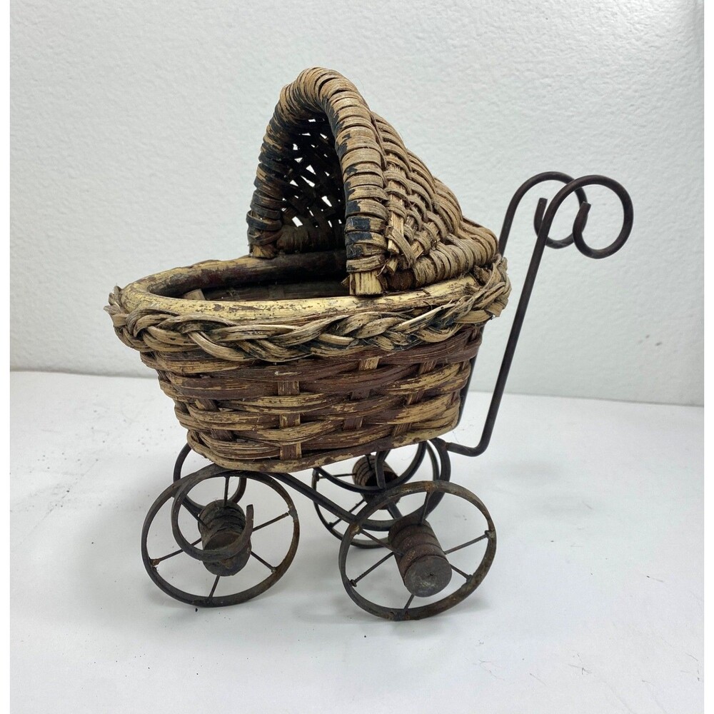 Vintage Rattan Pant Holder Stroller Buggy Metal Wheels Garden Home Decor Rustic